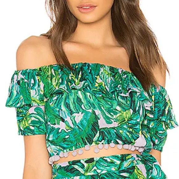 Lovers & Friends Alicia Crop Off Shoulder Top Palm Jungle Print Medium Green NWT - Picture 1 of 6